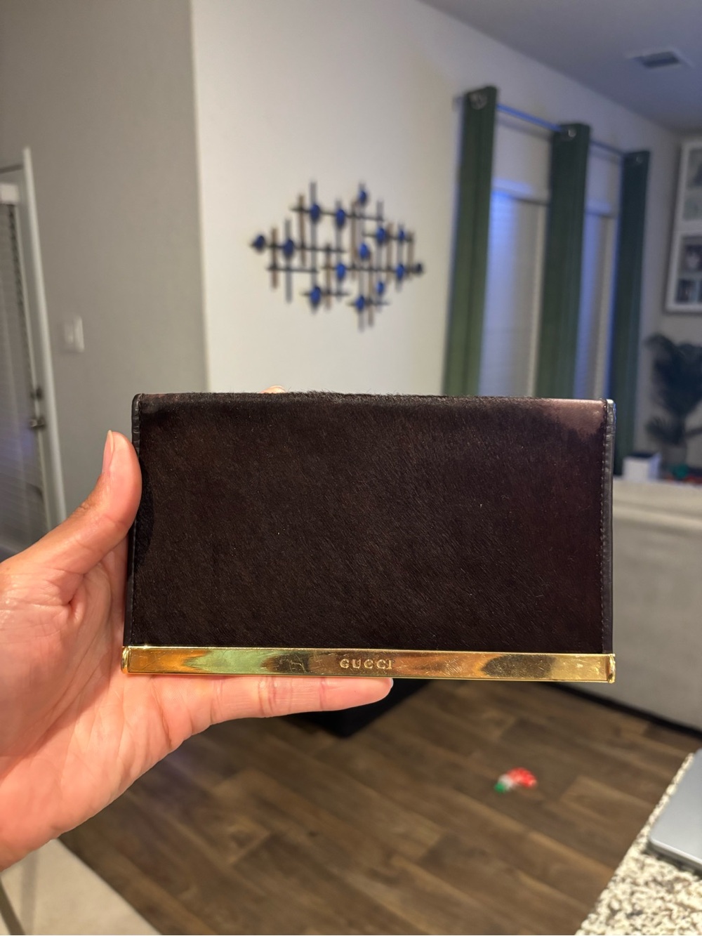 Gucci Haraco Haircalf Metal Bar Long Wallet | Brown & Gold | Small